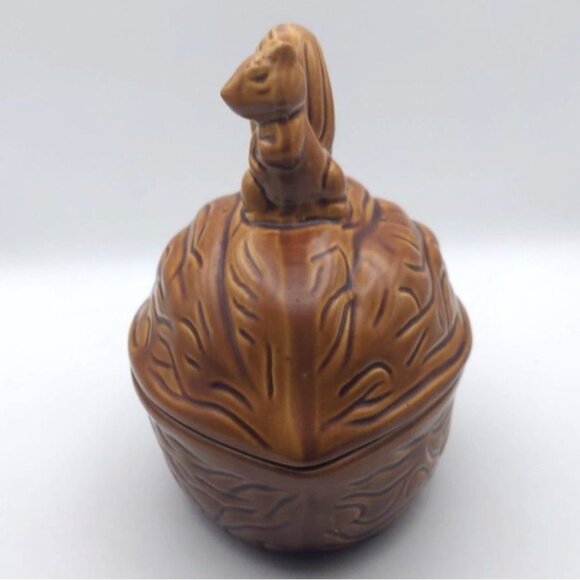 Vintage ROC Taiwan Glazed Ceramic Squirrel On Walnut Lidded Candy Dish - Picture 2 of 8